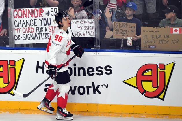 May 11, 2024, Prague, Czech Republic: CONNOR BEDARD of Canada during the 2024 IIHF Ice hockey, Eishockey World Championship, WM, Weltmeisterschaft match between Great Britain and Canada at the O2 arena in Prag, Czech Republic, May 11, 2024. Prague Czech Republic - ZUMAr156 20240511_aap_r156_002 Copyright: xSlavekxRutax