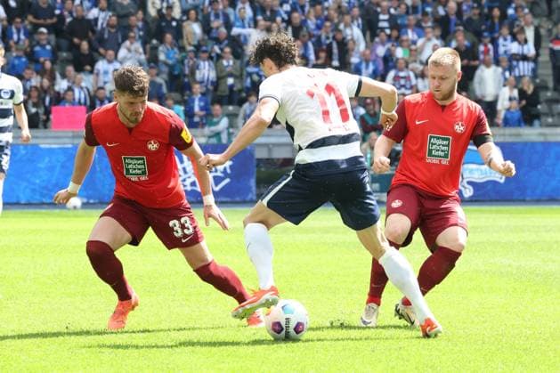 DEU, DFL, 2 FBL, Hertha BSC vs 1 FC Kaiserslautern, 11 05 2024, Berliner Olympiastadion, Berlin, DEU, DFL, 2 FBL, Hertha BSC vs 1 FC Kaiserslautern, in the picture Fabian Reese Hertha BSC Berlin 11 , Jan Elvedi 1 FC Kaiserslautern 33 , Jean Zimmer 1 FC Kaiserslautern 8 DFL regulations prohibit any use of Photographs as image sequences and or quasi video Foto Juergen Engler nordphoto GmbH nordphotoxGmbHx xEngler nph00076