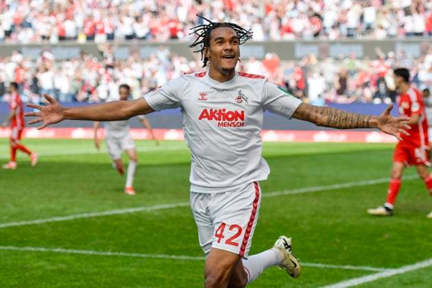 Damion Downs 42, 1 FC Koeln cheers after the goal to 3 2 11 05 2024 Soccer, 1 Bundesliga, 1 FC Koeln vs Union Berlin, Rheinenergiestadion, Koeln DFB DFL REGULATIONS PROHIBIT ANY USE OF PHOTOGRAPHS AS IMAGE SEQUENCES AND OR QUASI VIDEO NRW Germany Copyright: xpepphotox xSaschaxWeizx pep00321, pep_20240511_hm