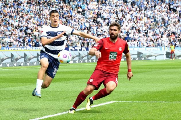 DEU, DFL, 2 FBL, Hertha BSC vs 1 FC Kaiserslautern, 11 05 2024, Berliner Olympiastadion, Berlin, DEU, DFL, 2 FBL, Hertha BSC vs 1 FC Kaiserslautern, im Bild Ibrahim Maza Hertha BSC Berlin 30 , Nikola Soldo 1 FC Kaiserslautern 14 DFL regulations prohibit any use of Photographs as image sequences and or quasi video Foto Juergen Engler nordphoto GmbH nordphotoxGmbHx xEngler nph00076