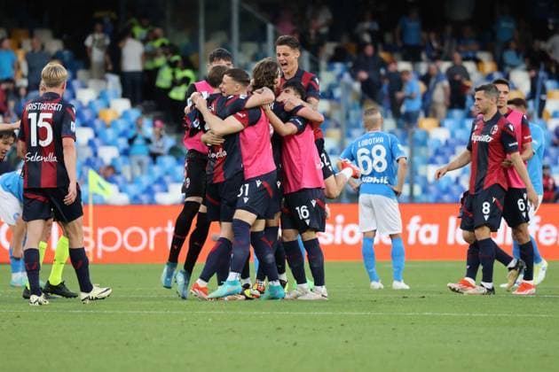 May 11, 2024, Napoli, Campania, ITALIA: 11 05 2024 Naples, Diego Armando Maradona Stadium, football match valid for the 2023 24 Serie A championship between SSC Napoli vs FC Bologna.In the picture: The Bologna team celebrates qualification for the 2024 25 Champions League Napoli ITALIA - ZUMAs236 20240511_aap_s236_041 Copyright: xFabioxSassox