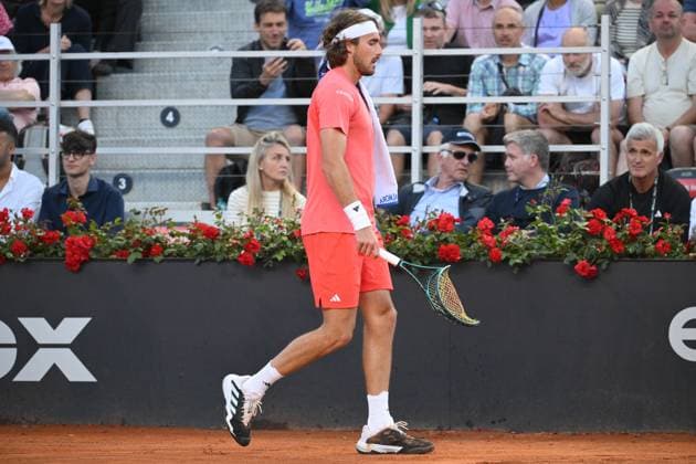 Stefanos Tsitsipas of Greece breaks the racket during the match against Jan-Lennard Struff of Germany at the Internazionali BNL d Italia 2024 tennis tournament at Foro Italico in Rome, Italy on May 11th, 2024. antoniettaxbaldassarre
