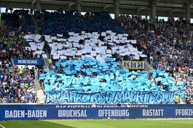 12 05 2024, xjhx, Soccer 2 Bundesliga, Karlsruher SC Hannover 96 emspor, v l Fans Spectators Ultras Visitors Mood Scarves Karlsruher SC Choreography DFL DFB REGULATIONS PROHIBIT ANY USE OF PHOTOGRAPHS as IMAGE SEQUENCES and or QUASI VIDEO Karlsruhe