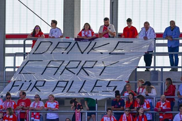 Fans of FC Bayern Munich show a banner to say goodbye to Carina Wenninger former player of FCB , 12 05 2024, Munich Germany , Soccer, Google Pixel Women Bundesliga, FC Bayern Munich 1 FC Nuremberg, DFB DFL REGULATIONS PROHIBIT ANY USE OF PHOTOGRAPHS AS IMAGE SEQUENCES AND OR QUASI VIDEO xslx