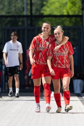 Klara Bühl 17 FC Bayern and Georgia Stanway 31 FC Bayern in front of the Google Pixel Womens Bundesliga match FC Bayern Munich 1 FC Nuremberg on 12 05 2024 Munich FC Bayern Campus Bayern Germany