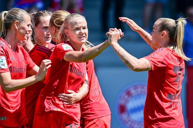 FC Bayern players with goal celebration, celebrate the goal, goal, celebration, jubilation over the goal to 1 0 by Pernille Harder FC Bayern Munich, FCB, 21 2 v re , optimistic, action, action, 12 05 2024, Munich Germany , Football, Google Pixel Women Bundesliga, FC Bayern Munich 1 FC Nuremberg, DFB DFL REGULATIONS PROHIBIT ANY USE OF PHOTOGRAPHS AS IMAGE SEQUENCES AND OR QUASI VIDEO xslx