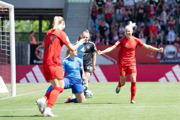 Pernille Harder 21 Bayern celebrates scoring the 2-0 goal during the Google Pixel Womens Bundesliga match FC Bayern Munich 1 FC Nuremberg on 12 05 2024 Munich FC Bayern Campus Bayern Germany