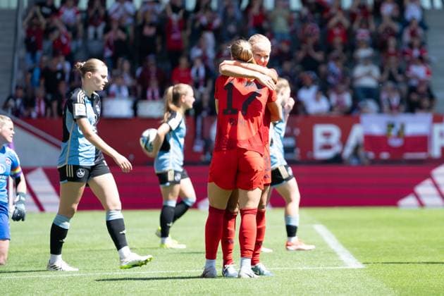 Pernille Harder 21 Bayern and Klara Bühl 17 FC Bayern celebrate the 2-0 goal during the Google Pixel Womens Bundesliga match FC Bayern Munich 1 FC Nuremberg on 12 05 2024 Munich FC Bayern Campus Bayern Germany