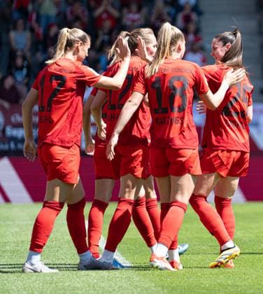 The women of FC Bayern Klara Bühl 17 FC Bayern , Sarah Zadrazil 25 FC Bayern Pernille Harder 21 Bayern celebrate the goal for 2 0 at the Google Pixel Womens Bundesliga match FC Bayern Munich 1 FC Nuremberg on 12 05 2024 Munich FC Bayern Campus Bayern Germany