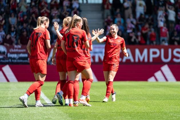 The women of FC Bayern Klara Bühl 17 FC Bayern , Sarah Zadrazil 25 FC Bayern Pernille Harder 21 Bayern celebrate the goal for 2 0 at the Google Pixel Womens Bundesliga match FC Bayern Munich 1 FC Nuremberg on 12 05 2024 Munich FC Bayern Campus Bayern Germany