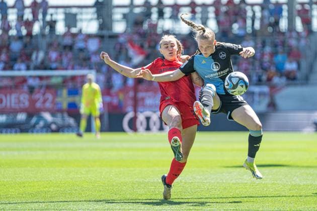 Georgia Stanway 31 FC Bayern Franziska Mai Nuremberg and in action at the Google Pixel Womens Bundesliga match FC Bayern Munich 1 FC Nuremberg on 12 05 2024 Munich FC Bayern Campus Bayern Germany