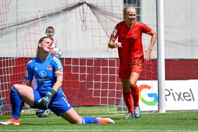v li Amelie Thöle Nuremberg, 12 beaten, looking disappointed, disappointment, frustration, disappointed, pessimistic, Pernille Harder FC Bayern Munich, FCB, 21 with goal celebration, jubilation, goal celebration, celebrate the goal, goal, celebration, Celebration of the goal to 2 0 by Pernille Harder FC Bayern Munich, FCB, 21 , optimistic, action, action, 12 05 2024, Munich Germany , Soccer, Google Pixel Women Bundesliga, FC Bayern Munich 1 FC Nuremberg, DFB DFL REGULATIONS PROHIBIT ANY USE OF PHOTOGRAPHS AS IMAGE SEQUENCES AND OR QUASI VIDEO xslx