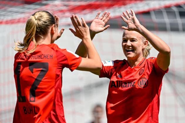 v li Klara Bühl FC Bayern München, FCB, 17 Pernille Harder FC Bayern München, FCB, 21 with goal celebration, jubilation, goal celebration, celebrate the goal, goal, celebration, jubilation over the goal to 2 0 by Pernille Harder FC Bayern München, FCB, 21 , optimistic, Action, Action, 12 05 2024, Munich Germany , Football, Google Pixel Women Bundesliga, FC Bayern München 1 FC Nürnberg, DFB DFL REGULATIONS PROHIBIT ANY USE OF PHOTOGRAPHS AS IMAGE SEQUENCES AND OR QUASI VIDEO xslx