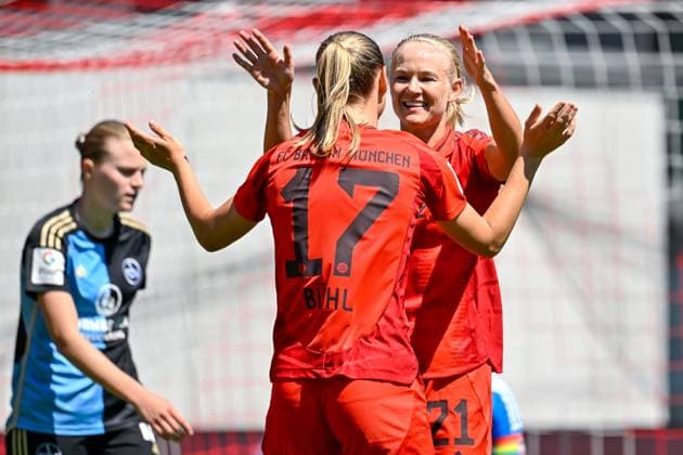 v li Klara Bühl FC Bayern München, FCB, 17 Pernille Harder FC Bayern München, FCB, 21 with goal celebration, jubilation, goal celebration, celebrate the goal, goal, celebration, jubilation over the goal to 2 0 by Pernille Harder FC Bayern München, FCB, 21 , optimistic, Action, Action, 12 05 2024, Munich Germany , Football, Google Pixel Women Bundesliga, FC Bayern München 1 FC Nürnberg, DFB DFL REGULATIONS PROHIBIT ANY USE OF PHOTOGRAPHS AS IMAGE SEQUENCES AND OR QUASI VIDEO xslx