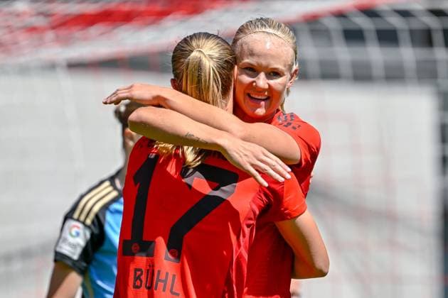 v li Klara Bühl FC Bayern München, FCB, 17 Pernille Harder FC Bayern München, FCB, 21 with goal celebration, jubilation, goal celebration, celebrate the goal, goal, celebration, jubilation over the goal to 2 0 by Pernille Harder FC Bayern München, FCB, 21 , optimistic, Action, Action, 12 05 2024, Munich Germany , Football, Google Pixel Women Bundesliga, FC Bayern München 1 FC Nürnberg, DFB DFL REGULATIONS PROHIBIT ANY USE OF PHOTOGRAPHS AS IMAGE SEQUENCES AND OR QUASI VIDEO xslx