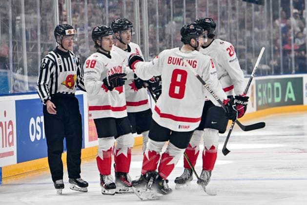 PRAGUE, CZECH REPUBLIC MAY 12 Connor Bedard of Canada L celebrate his goal during the preliminary round match between Denmark and Canada at Prague Arena on May 12, 2024 in Prague, Czech Republic Prague Prague Arena Czech Republic Copyright: xJustPictures.ch AndreaxBrancax jp-en-EuSpIm-AB_12052024_AAB_0284