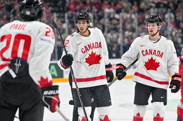 PRAGUE, CZECH REPUBLIC MAY 12 Dylan Cozens of Canada celebrate his goal during the preliminary round match between Denmark and Canada at Prague Arena on May 12, 2024 in Prague, Czech Republic Prague Prague Arena Czech Republic Copyright: xJustPictures.ch AndreaxBrancax jp-en-EuSpIm-AB_12052024_AAB_0811