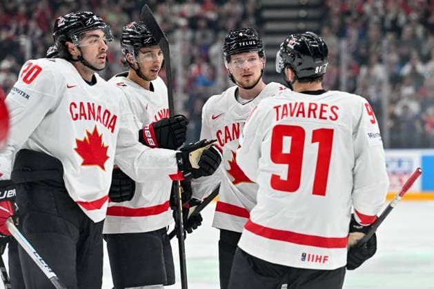 PRAGUE, CZECH REPUBLIC MAY 12 Dylan Cozens of Canada celebrate his goal during the preliminary round match between Denmark and Canada at Prague Arena on May 12, 2024 in Prague, Czech Republic Prague Prague Arena Czech Republic Copyright: xJustPictures.ch AndreaxBrancax jp-en-EuSpIm-AB_12052024_AAB_0861