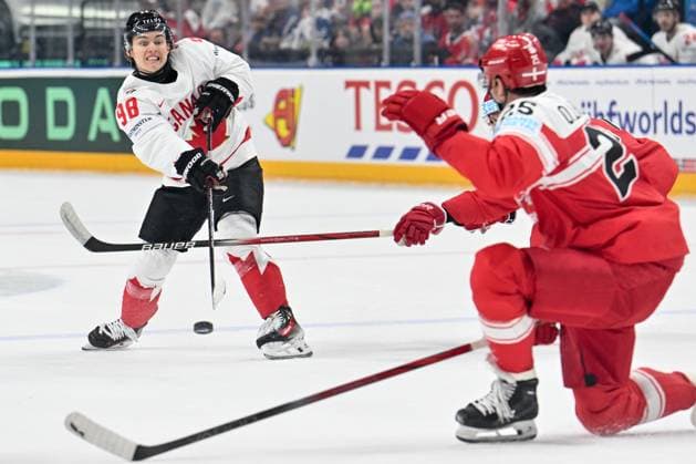 PRAGUE, CZECH REPUBLIC MAY 12 Connor Bedard of Canada shoots the puck during the preliminary round match between Denmark and Canada at Prague Arena on May 12, 2024 in Prague Prague, Czech Republic Prague Prague Arena Czech Republic Copyright: xJustPictures.ch AndreaxBrancax jp-en-EuSpIm-AB_12052024_AAB_0912