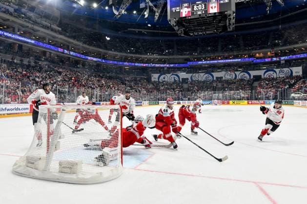 PRAGUE, CZECH REPUBLIC MAY 12 Andrew Mangiapane of Canada R shoots the puck during the preliminary round match between Denmark and Canada at Prague Arena on May 12, 2024 in Prague Prague, Czech Republic Prague Prague Arena Czech Republic Copyright: xJustPictures.ch AndreaxBrancax jp-en-EuSpIm-AB_12052024_DSC_9024