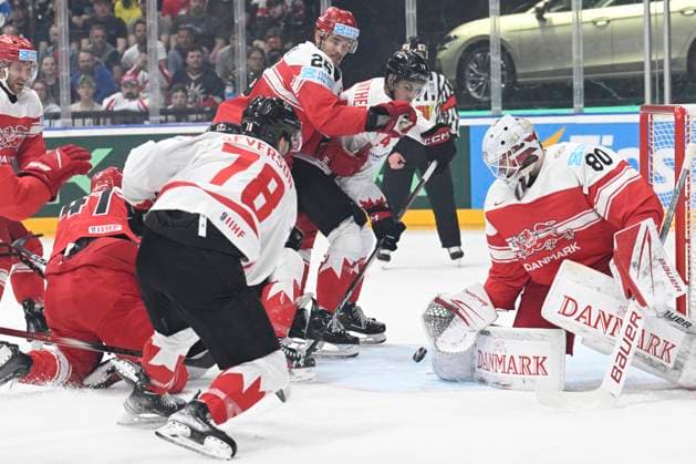 Denmark vs Canada group A match of the 2024 IIHF World Championship, WM, Weltmeisterschaft in Prague, Czech Republic, on May 12, 2024. From right goalie of Denmark Damon Severson, Frederik Dichow of Canada. (CTKxPhoto MichalxKamaryt) CTKPhotoP2024051204594  CTKPhotoP2024051204594