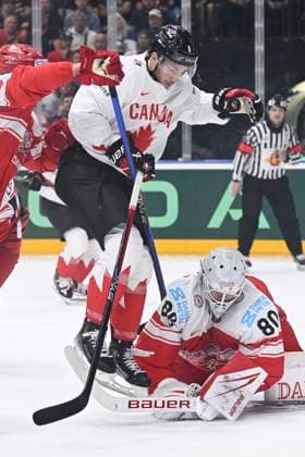 Denmark vs Canada group A match of the 2024 IIHF World Championship, WM, Weltmeisterschaft in Prague, Czech Republic, on May 12, 2024. From left Michael Bunting of Canada, Frederik Dichow goalie of Denmark. (CTKxPhoto MichalxKamaryt) CTKPhotoP2024051204596  CTKPhotoP2024051204596