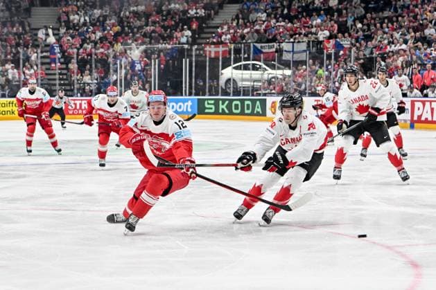 PRAGUE, CZECH REPUBLIC MAY 12 Oscar Moelgaard of Denmark L in action against Damon Severson of Canada R during the preliminary round match between Denmark and Canada at Prague Arena on May 12, 2024 in Prague, Czech Republic Prague Prague Arena Czech Republic Copyright: xJustPictures.ch AndreaxBrancax jp-en-EuSpIm-AB_12052024_AAB_0946