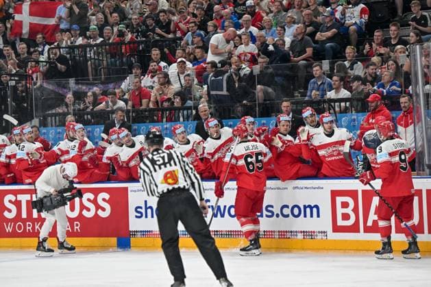 PRAGUE, CZECH REPUBLIC MAY 12 Christian Wejse of Denmark celebrate after scoring a goal during the preliminary round match between Denmark and Canada at Prague Arena on May 12, 2024 in Prague Prague, Czech Republic Prague Prague Arena Czech Republic Copyright: xJustPictures.ch AndreaxBrancax jp-en-EuSpIm-AB_12052024_AAB_1188