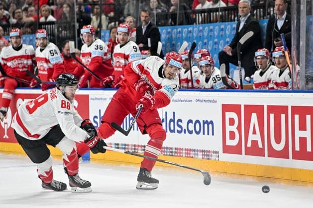 PRAGUE, CZECH REPUBLIC MAY 12 Alexander True of Denmark shoots the puck during the preliminary round match between Denmark and Canada at Prague Arena on May 12, 2024 in Prague, Czech Republic Prague Prague Arena Czech Republic Copyright: xJustPictures.ch AndreaxBrancax jp-en-EuSpIm-AB_12052024_AAB_1351
