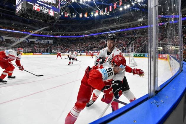 PRAGUE, CZECH REPUBLIC MAY 12 Damon Severson of Canada fights for the puck with Nick Olesen of Denmark during the preliminary round match between Denmark and Canada at Prague Arena on May 12, 2024 in Prague, Czech Republic Prague Prague Arena Czech Republic Copyright: xJustPictures.ch AndreaxBrancax jp-en-EuSpIm-AB_12052024_DSC_9102