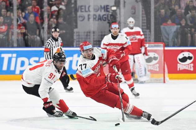Denmark vs Canada group A match of the 2024 IIHF World Championship, WM, Weltmeisterschaft in Prague, Czech Republic, on May 12, 2024. From right John Tavares of Denmark, Mathias From of Canada. (CTKxPhoto MichalxKamaryt) CTKPhotoP2024051204980  CTKPhotoP2024051204980
