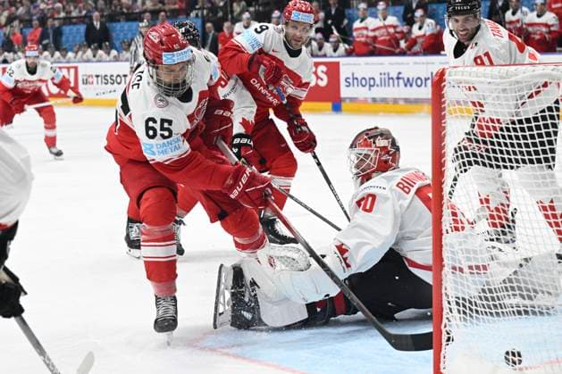Denmark vs Canada group A match of the 2024 IIHF World Championship, WM, Weltmeisterschaft in Prague, Czech Republic, on May 12, 2024. Christian Wejse of Denmark scores. From right Frederik Storm of Canada, John Tavares of Canada, Jordan Binnington. (CTKxPhoto MichalxKamaryt) CTKPhotoP2024051204943  CTKPhotoP2024051204943