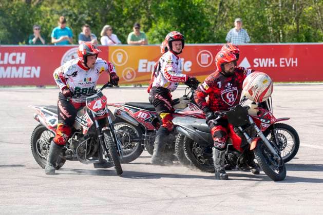 Halle, Germany 13 April 2024 Motoball Bundesliga Nord 2023 2024 1 MBC 70 90 Halle Neustadt vs MSC Jarmen from left Marc Wochatz Halle ,Enroco Wochatz Halle and Michael Kühnel Kuehnel Jarmen Motoball Stadium Sachsen Anhalt Copyright: xFotostandx xBallaschx