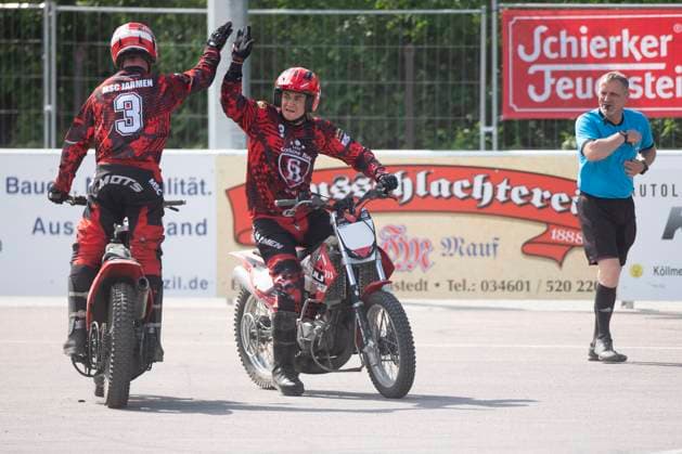 Halle, Germany 13 April 2024 Motoball Bundesliga Nord 2023 2024 1 MBC 70 90 Halle Neustadt vs MSC Jarmen v li Robert Vaegler Jarmen and Til Schumann Jarmen Motoball Stadion Sachsen Anhalt Copyright: xFotostandx xBallaschx