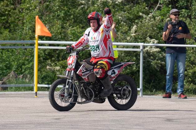 Halle, Germany 13 April 2024 Motoball Bundesliga Nord 2023 2024 1 MBC 70 90 Halle Neustadt vs MSC Jarmen Enroco Wochatz Halle cheers after his goal to 2 2 Motoball Stadion Sachsen Anhalt Copyright: xFotostandx xBallaschx