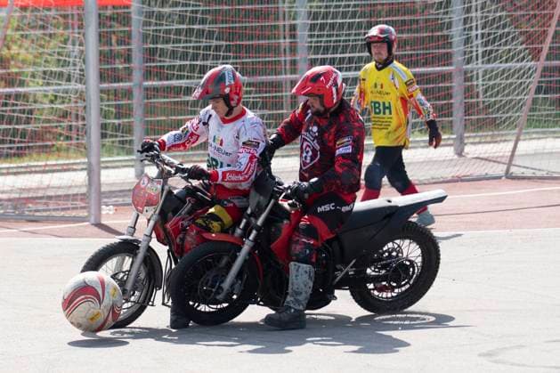Halle, Germany 13 April 2024 Motoball Bundesliga Nord 2023 2024 1 MBC 70 90 Halle Neustadt vs MSC Jarmen from left in duel Franz Johann Broemme Halle and Michael Kühnel Kuehnel Jarmen Motoball Stadium Saxony Anhalt Copyright: xFotostandx xBallaschx