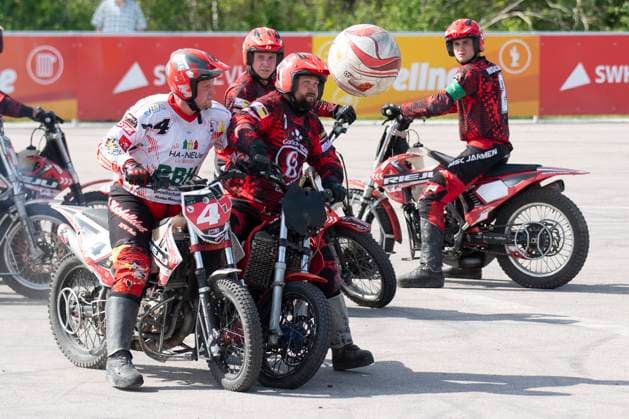 Halle, Germany 13 April 2024 Motoball Bundesliga Nord 2023 2024 1 MBC 70 90 Halle Neustadt vs MSC Jarmen from left in duel Marc Wochatz Halle and Michael Kühnel Kuehnel Jarmen Motoball Stadium Saxony Anhalt Copyright: xFotostandx xBallaschx