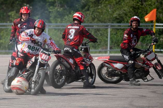 Halle, Germany 13 April 2024 Motoball Bundesliga Nord 2023 2024 1 MBC 70 90 Halle Neustadt vs MSC Jarmen v li Enroco Wochatz Halle ,Robert Vaegler Jarmen and Miguel Gomez Jarmen Motoball Stadion Sachsen Anhalt Copyright: xFotostandx xBallaschx