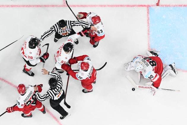 Denmark vs Canada group A match of the 2024 IIHF World Championship, WM, Weltmeisterschaft in Prague, Czech Republic, on May 12, 2024. From left Mikkel Aagaard of Denmark, Nick Paul of Canada, Colton Parayko of Canada, Matias Lassen of Denmark, Patrick Russell of Denmark, Frederik Dichow of Denmark. (CTKxPhoto MichalxKamaryt) CTKPhotoP2024051205830  CTKPhotoP2024051205830