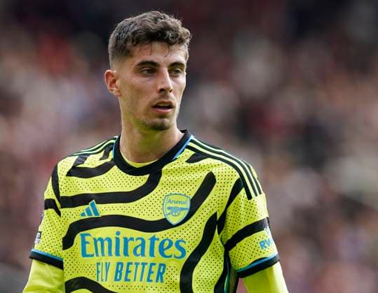 Manchester, England, 12th May 2024. Kai Havertz of Arsenal during the Premier League match at Old Trafford, Manchester. Picture credit should read: Andrew Yates Sportimage EDITORIAL USE ONLY. No use with unauthorised audio, video, data, fixture lists, club league logos or live services. Online in-match use limited to 120 images, no video emulation. No use in betting, games or single club league player publications. SPI-3142-0064