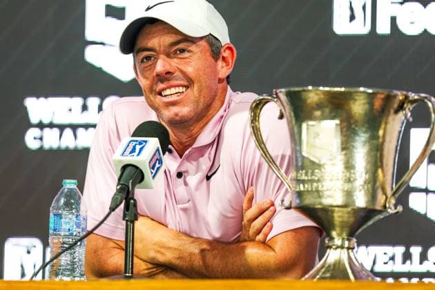 CHARLOTTE, NC - MAY 12: Rory McIlroy speaks during a press conference, PK, Pressekonferenz after winning the final round of the Wells Fargo Championship at Quail Hollow Club on May 12, 2024 in Charlotte, North Carolina. (Photo by David Jensen Icon Sportswire) GOLF: MAY 12 PGA, Golf Herren Wells Fargo Championship EDITORIAL USE ONLY Icon240512004