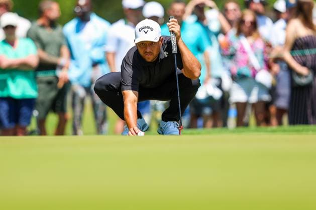 CHARLOTTE, NC - MAY 12: Xander Schauffele lines his putt on the first green during the final round of the Wells Fargo Championship at Quail Hollow Club on May 12, 2024 in Charlotte, North Carolina. (Photo by David Jensen Icon Sportswire) GOLF: MAY 12 PGA, Golf Herren Wells Fargo Championship EDITORIAL USE ONLY Icon240512016