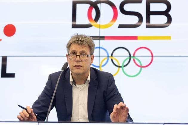 Joint press conference by the DFB, DOSB and DFL Thomas Weikert President of the German Olympic Sports Confederation speaks during the press conference Press conference United against online hate on May 13, 2024 in Frankfurt am Main , Frankfurt am Main Hesse Germany DFB Campus