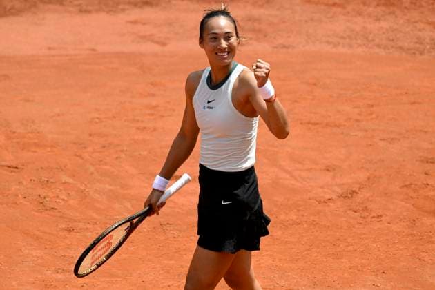 Qinwen Zheng of China celebrates at the end of the match against Naomi Osaka of Japan at the Internazionali BNL d Italia 2024 tennis tournament at Foro Italico in Rome, Italy on May 13, 2024. Qinwen Zheng defeated Naomi Osaka 6-2, 6-4. antoniettaxbaldassarre