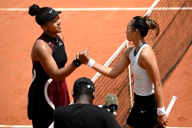 Naomi Osaka of Japan and Qinwen Zheng of China greet each other at the end of their match at the Internazionali BNL d Italia 2024 tennis tournament at Foro Italico in Rome, Italy on May 13, 2024. Qinwen Zheng defeated Naomi Osaka 6-2, 6-4. antoniettaxbaldassarre