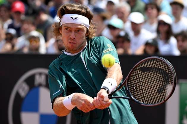 Andrey Rublev of Russia in action during the match against Alexandre Muller of France at the Internazionali BNL d Italia 2024 tennis tournament at Foro Italico in Rome, Italy on May 13, 2024. antoniettaxbaldassarre