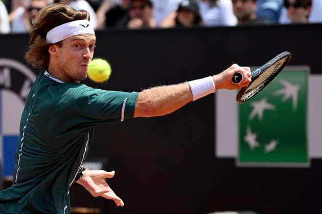 Andrey Rublev of Russia in action during the match against Alexandre Muller of France at the Internazionali BNL d Italia 2024 tennis tournament at Foro Italico in Rome, Italy on May 13, 2024. antoniettaxbaldassarre