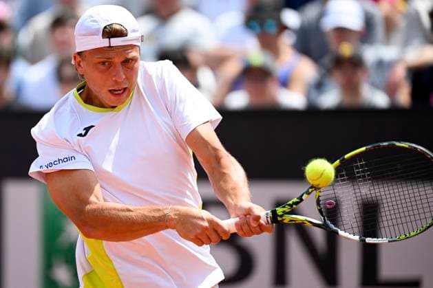 Alexandre Muller of France in action during the match against Andrey Rublev of Russia at the Internazionali BNL d Italia 2024 tennis tournament at Foro Italico in Rome, Italy on May 13, 2024. antoniettaxbaldassarre