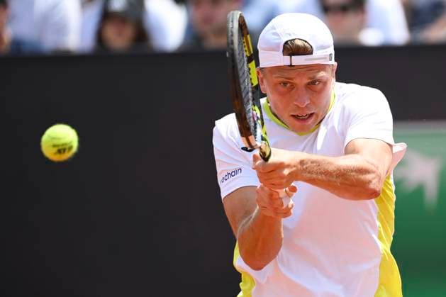 Alexandre Muller of France in action during the match against Andrey Rublev of Russia at the Internazionali BNL d Italia 2024 tennis tournament at Foro Italico in Rome, Italy on May 13, 2024. antoniettaxbaldassarre