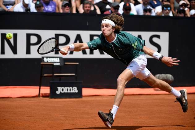 Andrey Rublev of Russia in action during the match against Alexandre Muller of France at the Internazionali BNL d Italia 2024 tennis tournament at Foro Italico in Rome, Italy on May 13, 2024. antoniettaxbaldassarre